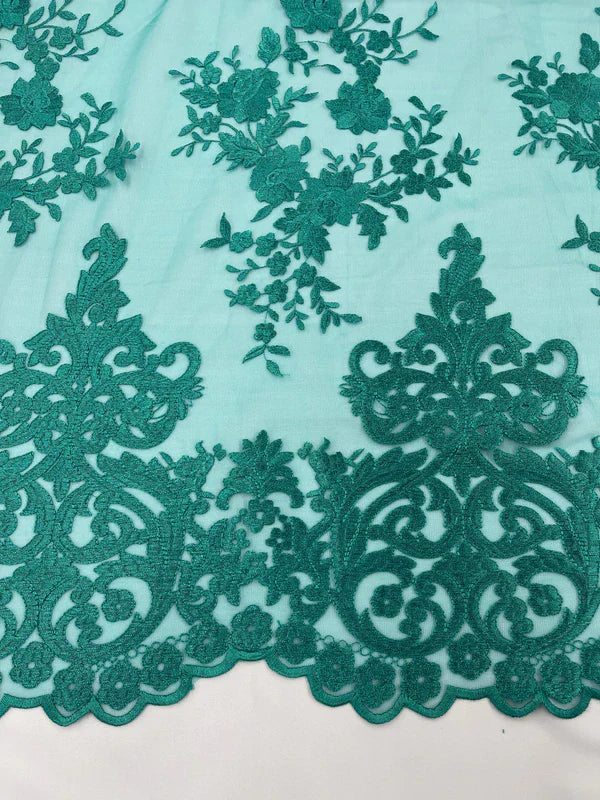 Damask Lace - Floral Damask Design Embroidered on Mesh Lace Fabric - 25 Yard Roll
