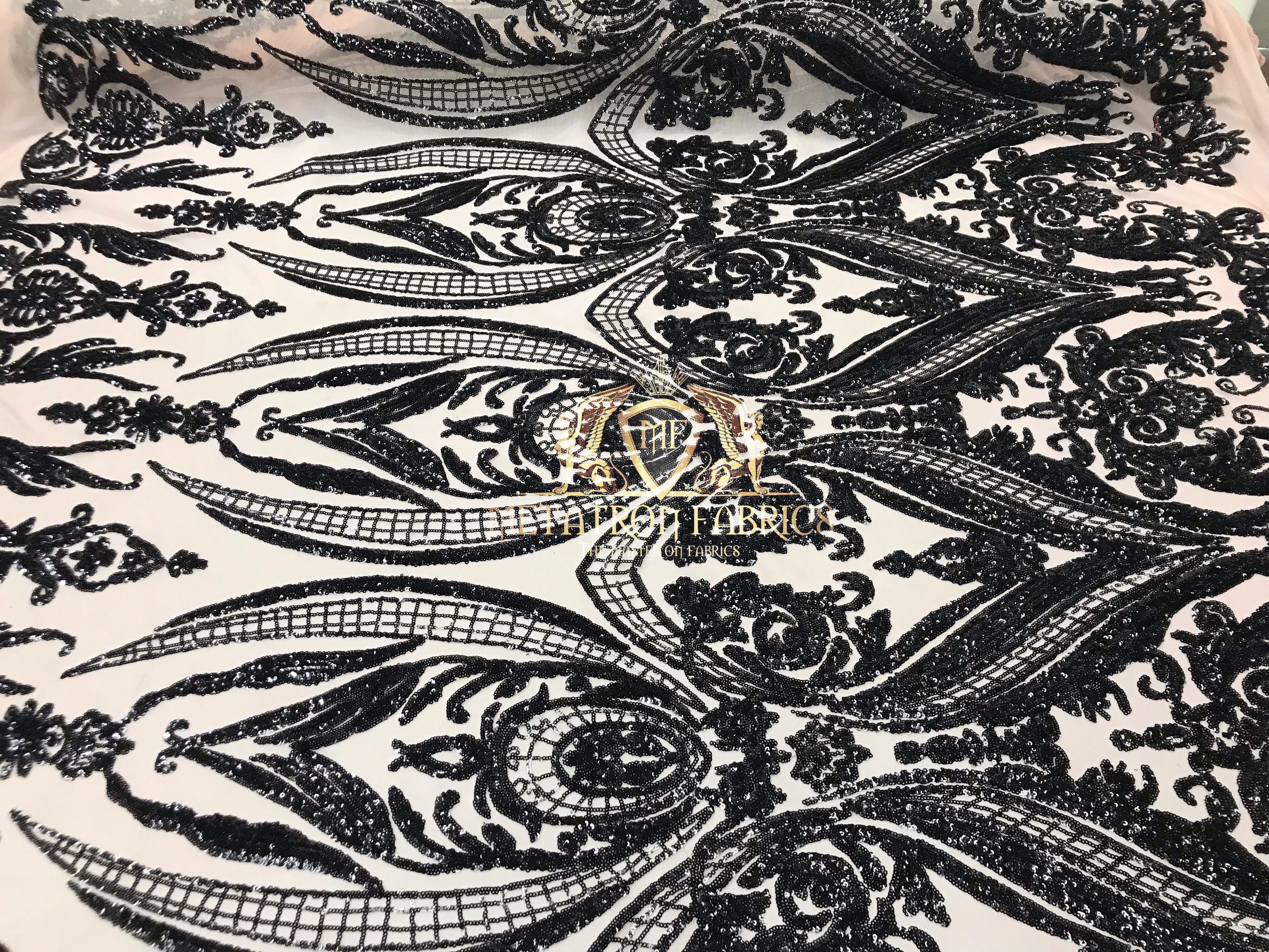 Black - Sequins 4 Way Stretch Fabric Embroidered On Mesh Sold By The Yard