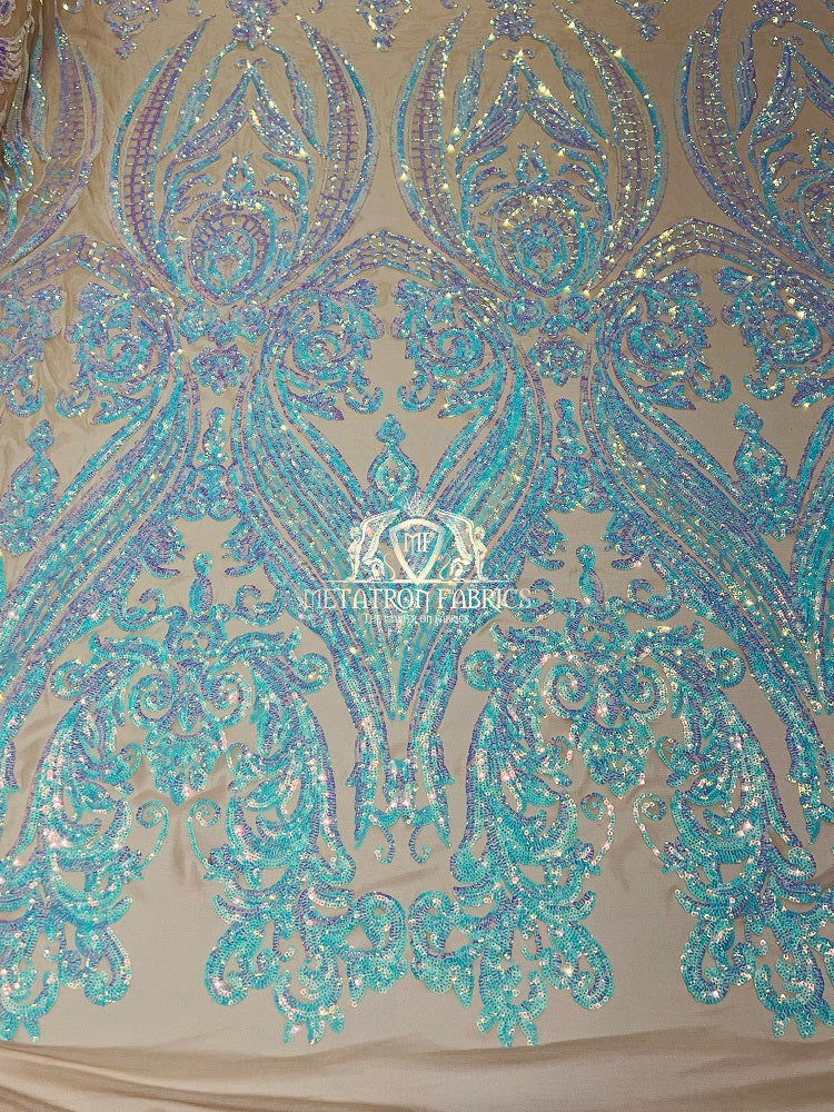 Big Damask Sequins Fabric - Aqua/Blue on Blush Mesh 1 - 4 Way Stretch Damask Sequins Design Fabric By Yard