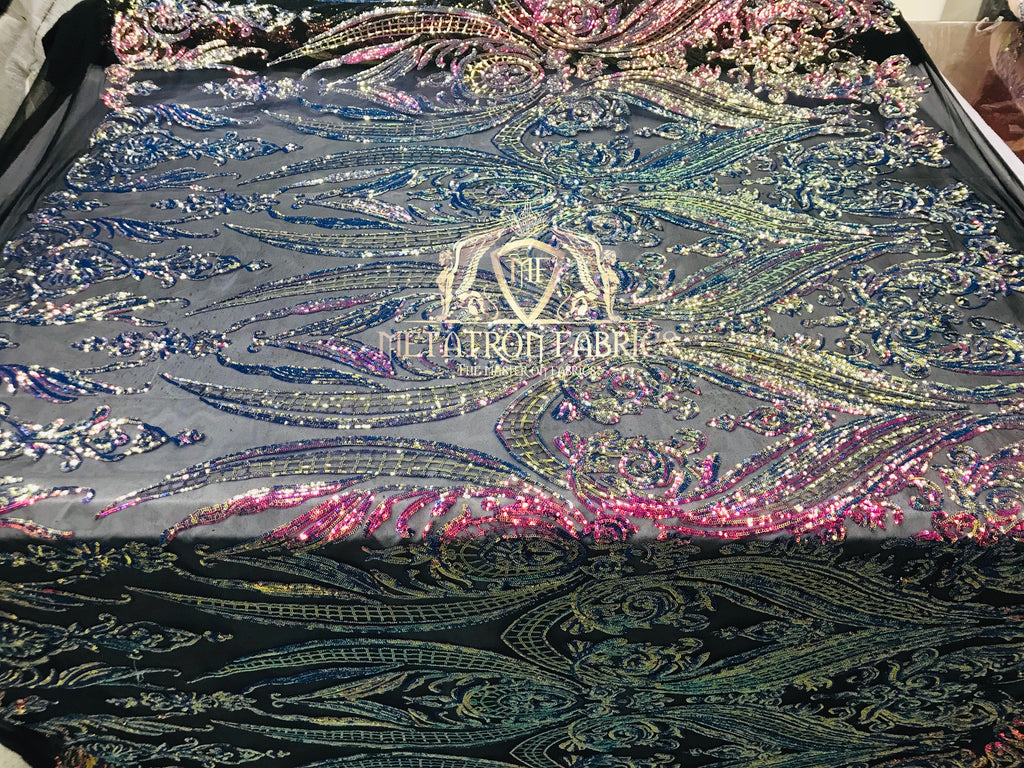Iridescent - Rainbow - Sequins 4 Way Stretch Fabric Embroidered On Mesh Sold By The Yard