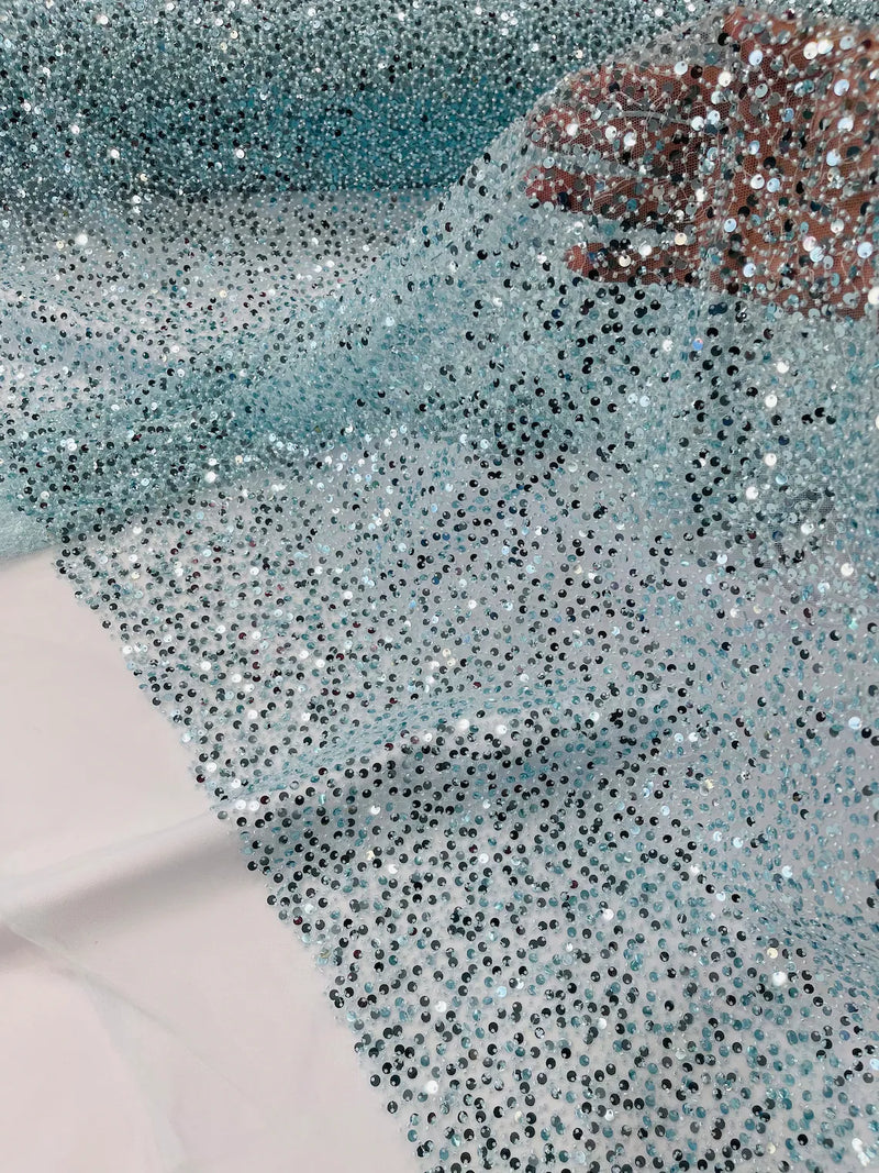 Pearl Sequins Bead Fabric Tiffany Blue Small Beads and Sequins Embroidered on Lace By Yard