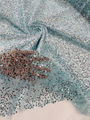 Pearl Sequins Bead Fabric - Tiffany Blue - Small Beads and Sequins Embroidered on Lace By Yard