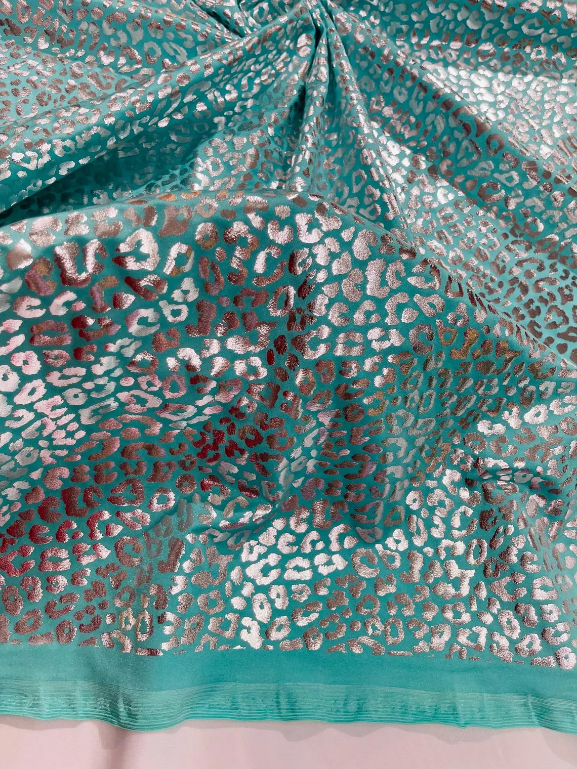 Cheetah Design Spandex Fabric - Tiffany / Silver - 58/60" Animal Print 4 Way Stretch Fabric By Yard