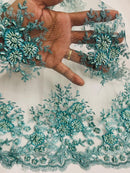 Beaded Flower Cluster Fabric - Tiffany Blue - Beaded Floral Gaviota Design Embroidered On Mesh Sold By Yard
