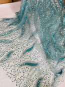 Beaded Fire Design Fabric - Tiffany Blue - Fire Flame Design Sequins and Beads on Mesh by Yard