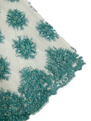 Beaded Flower Cluster Fabric - Tiffany Blue - Beaded Floral Gaviota Design Embroidered On Mesh Sold By Yard