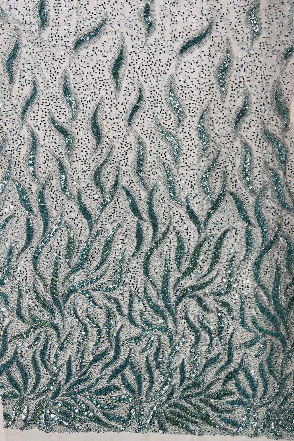 Beaded Fire Design Fabric - Tiffany Blue - Fire Flame Design Sequins and Beads on Mesh by Yard