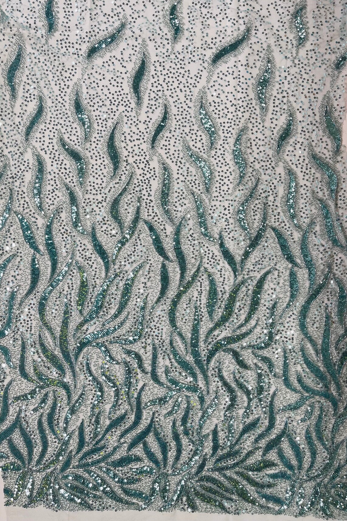 Beaded Fire Design Fabric - Tiffany Blue - Fire Flame Design Sequins and Beads on Mesh by Yard