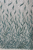 Beaded Fire Design Fabric - Tiffany Blue - Fire Flame Design Sequins and Beads on Mesh by Yard