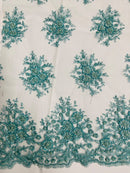 Beaded Flower Cluster Fabric - Tiffany Blue - Beaded Floral Gaviota Design Embroidered On Mesh Sold By Yard