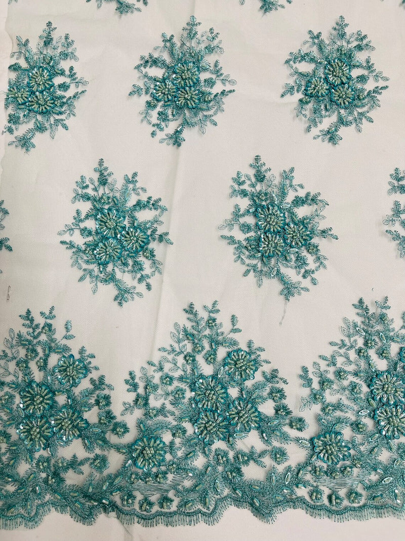 Beaded Flower Cluster Fabric Tiffany Blue Beaded Floral Gaviota Design Embroidered On Mesh Sold By Yard