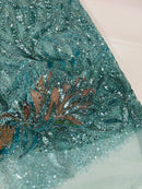 Beaded Fire Design Fabric - Tiffany Blue - Fire Flame Design Sequins and Beads on Mesh by Yard