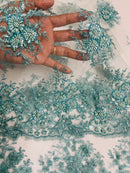 Beaded Flower Cluster Fabric - Tiffany Blue - Beaded Floral Gaviota Design Embroidered On Mesh Sold By Yard