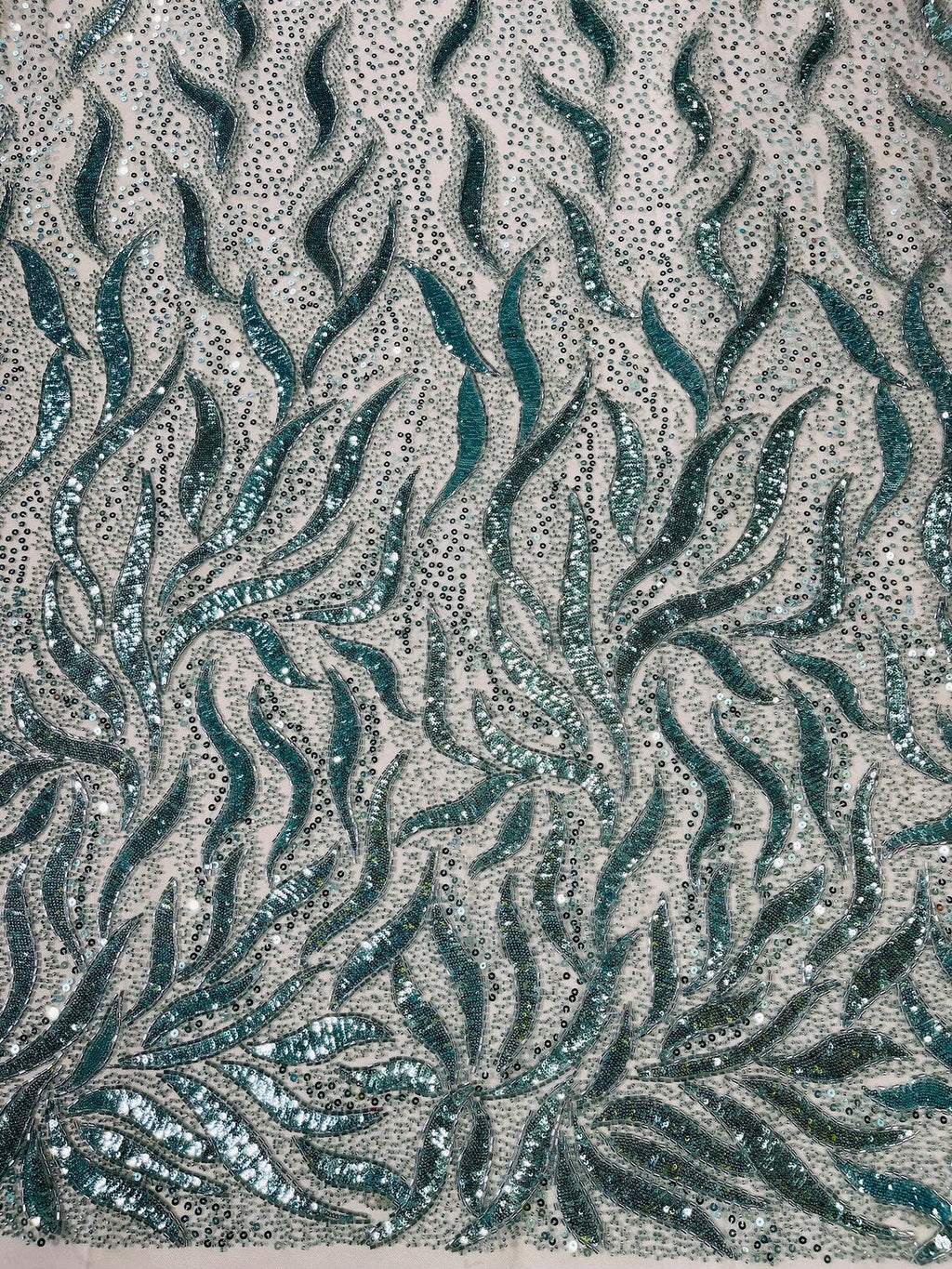 Beaded Fire Design Fabric - Tiffany Blue - Fire Flame Design Sequins and Beads on Mesh by Yard