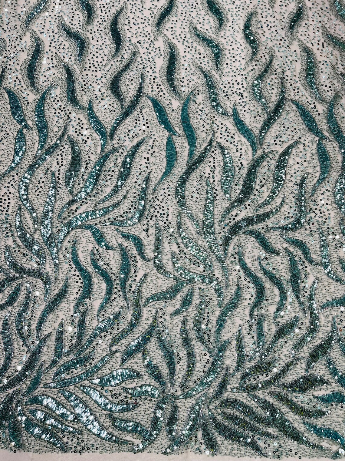 Beaded Fire Design Fabric - Tiffany Blue - Fire Flame Design Sequins and Beads on Mesh by Yard