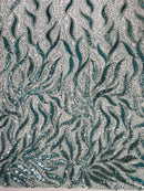 Beaded Fire Design Fabric - Tiffany Blue - Fire Flame Design Sequins and Beads on Mesh by Yard