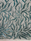 Beaded Fire Design Fabric - Tiffany Blue - Fire Flame Design Sequins and Beads on Mesh by Yard