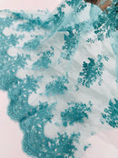 Floral Damask Lace Fabric - Tiffany Green - Embroidered Damask Flowers on Lace Fabric By Yard