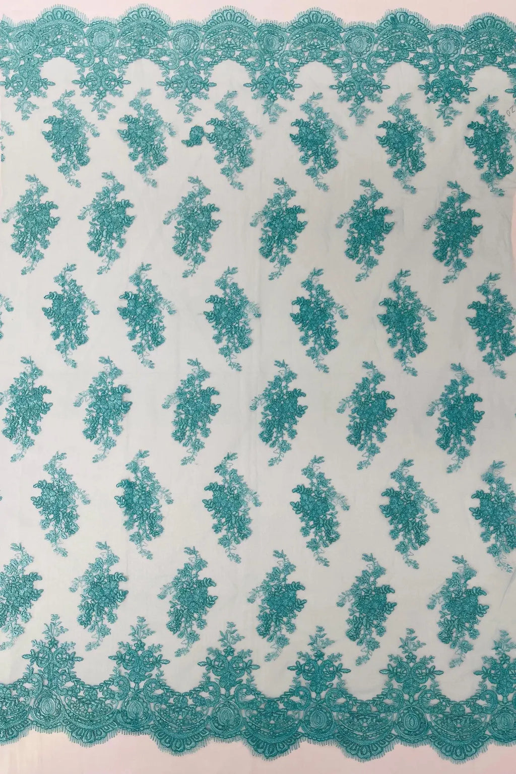 Floral Damask Lace Fabric - Tiffany Green - Embroidered Damask Flowers on Lace Fabric By Yard