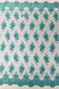 Floral Damask Lace Fabric - Tiffany Green - Embroidered Damask Flowers on Lace Fabric By Yard