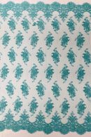Floral Damask Lace Fabric - Tiffany Green - Embroidered Damask Flowers on Lace Fabric By Yard