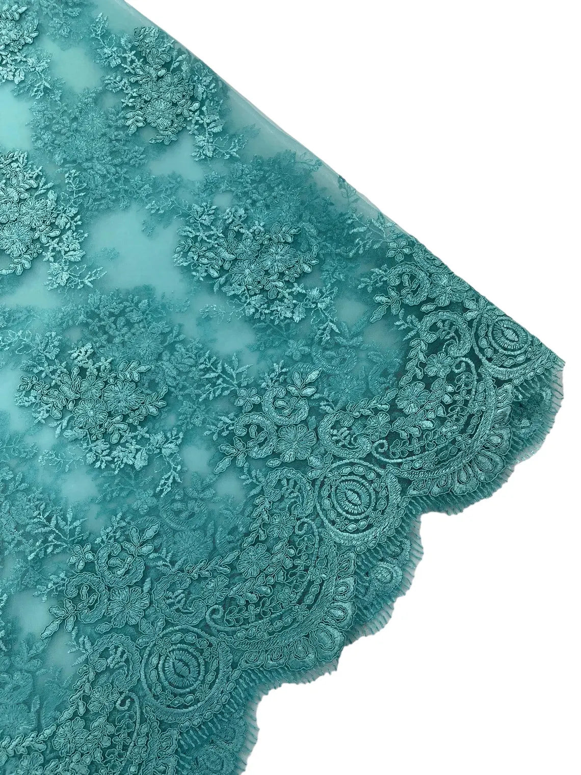 Floral Damask Lace Fabric - Tiffany Green - Embroidered Damask Flowers on Lace Fabric By Yard