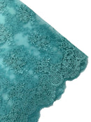 Floral Damask Lace Fabric - Tiffany Green - Embroidered Damask Flowers on Lace Fabric By Yard