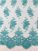 Floral Damask Lace Fabric - Tiffany Green - Embroidered Damask Flowers on Lace Fabric By Yard