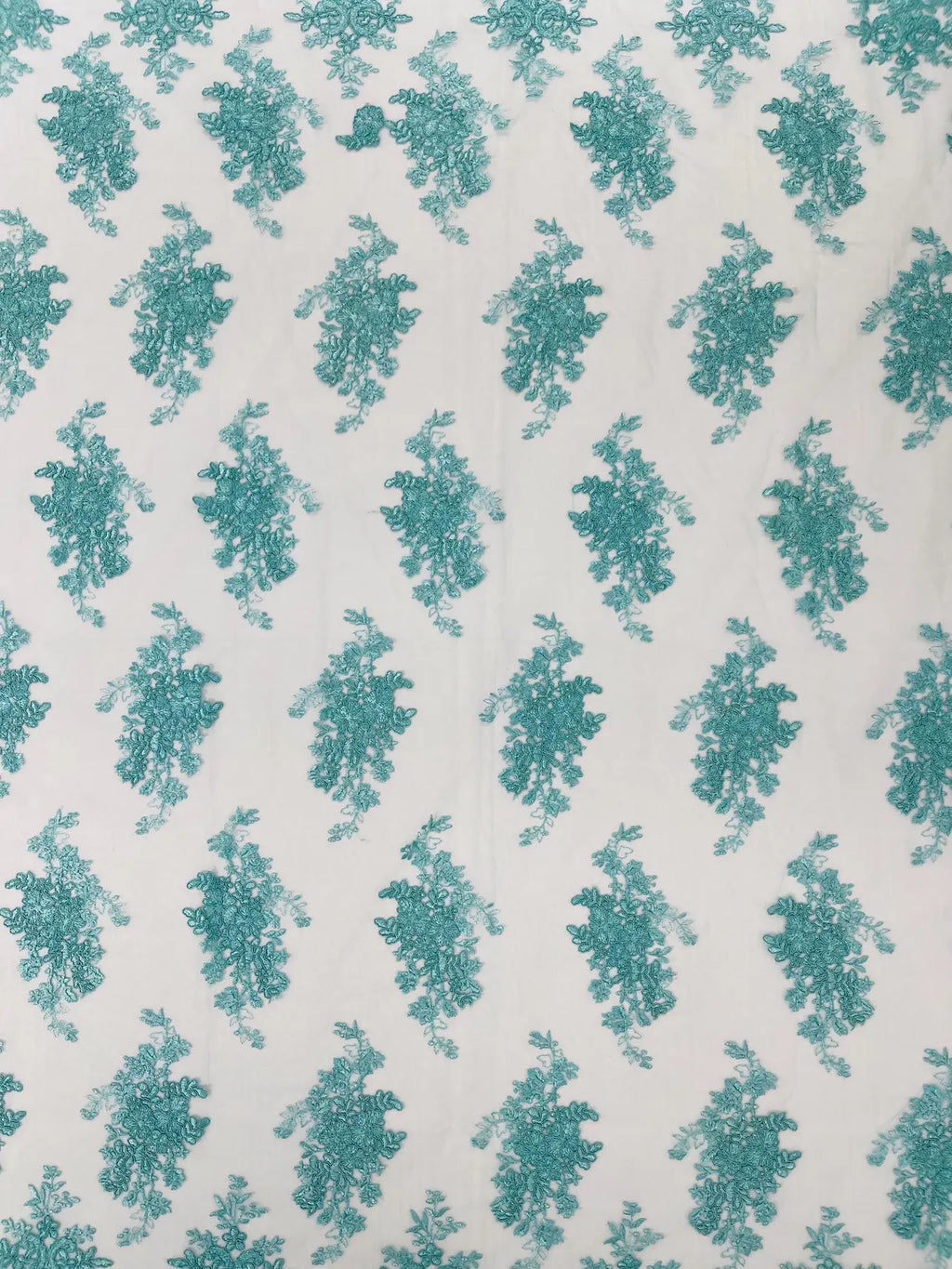 Floral Damask Lace Fabric - Tiffany Green - Embroidered Damask Flowers on Lace Fabric By Yard