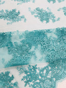 Floral Damask Lace Fabric - Tiffany Green - Embroidered Damask Flowers on Lace Fabric By Yard