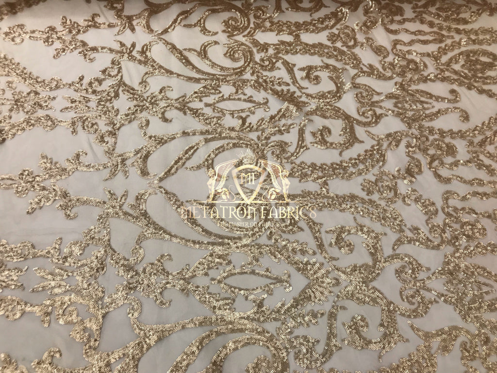 4 Way Stretch - Matte Gold - Sequins Damask Design Fabric Embroidered On Mesh Sold By The Yard