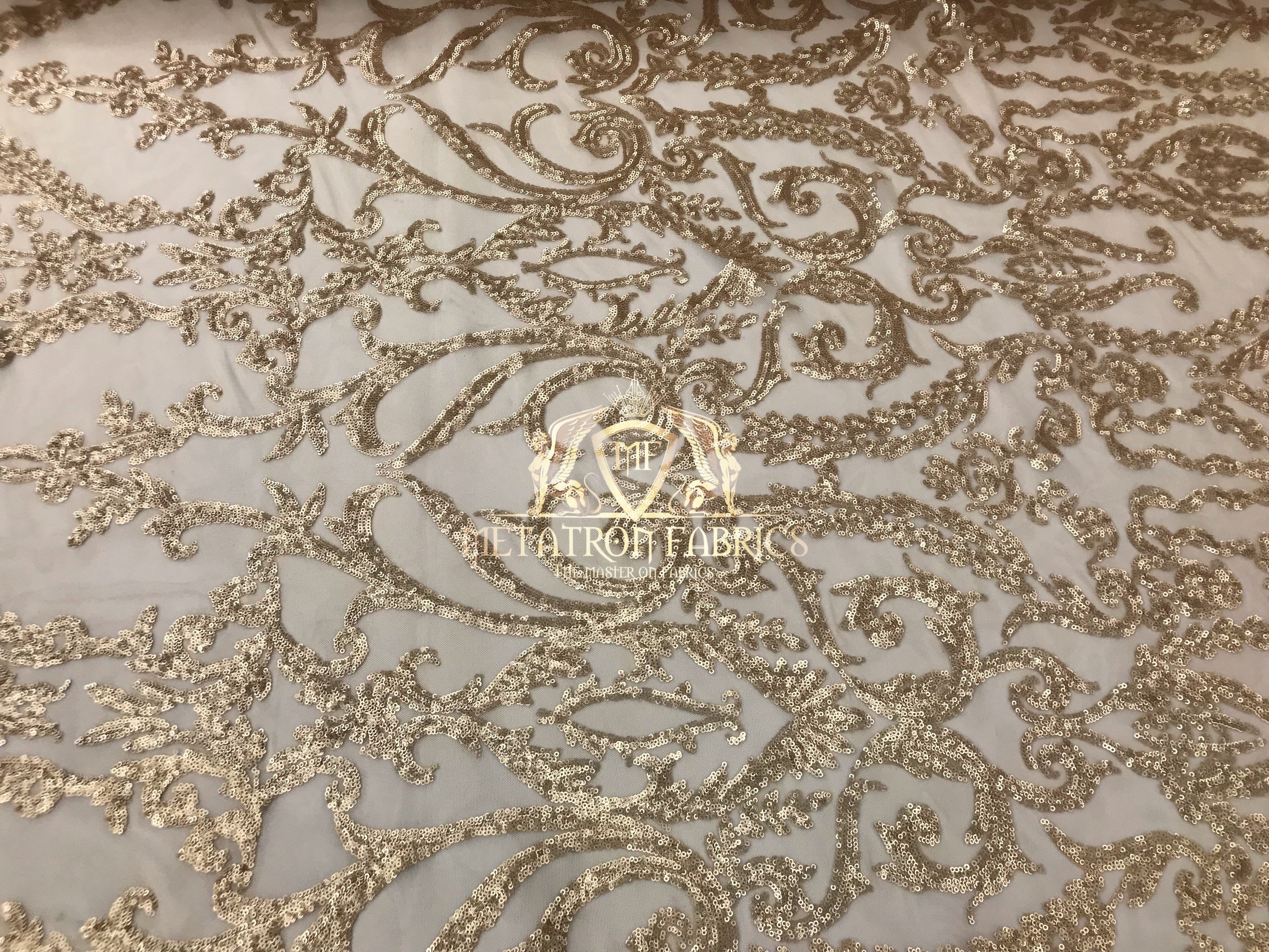 4 Way Stretch - Matte Gold - Sequins Damask Design Fabric Embroidered On Mesh Sold By The Yard
