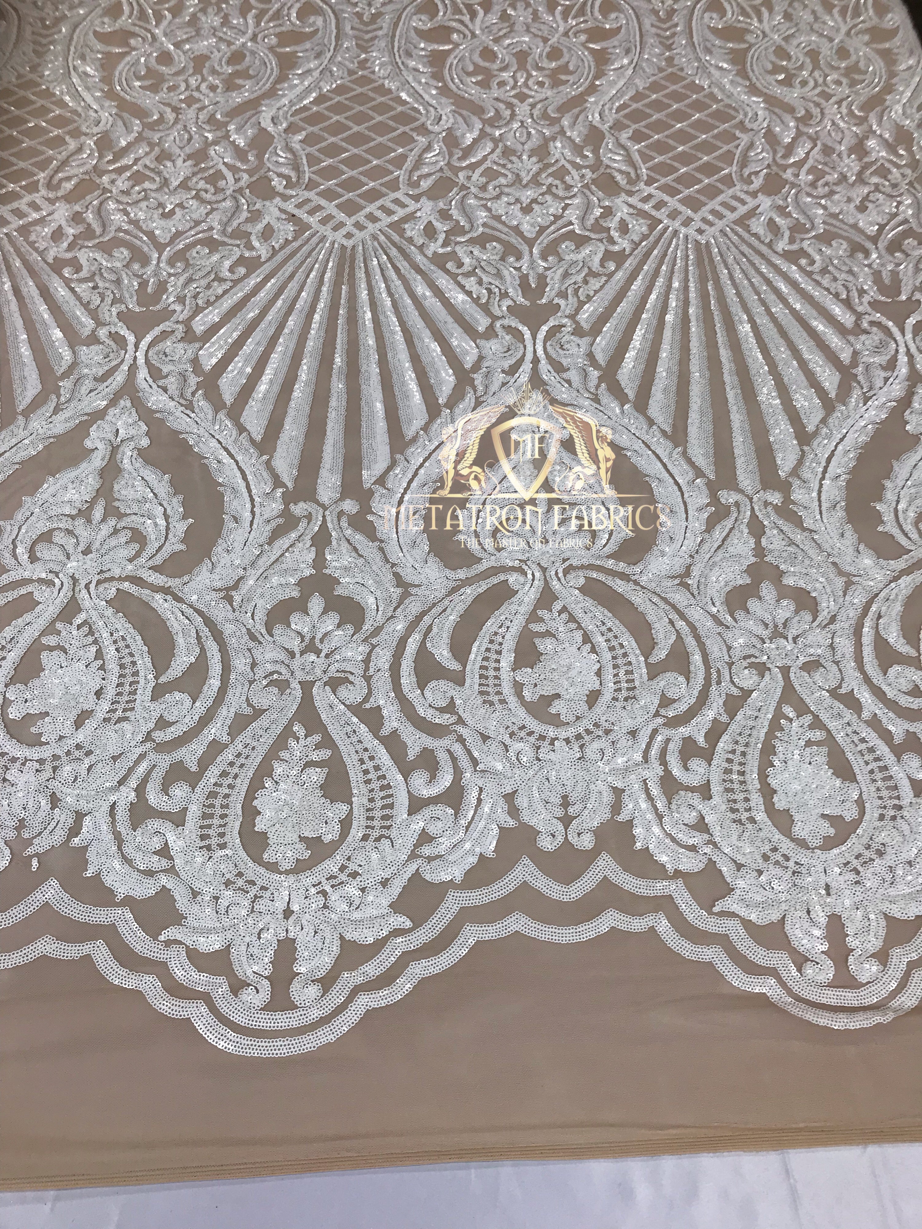 Sequins - White on Dark Nude Mesh - 4 Way Stretch Fancy Fabric Embroidered On Mesh Sold By The Yard