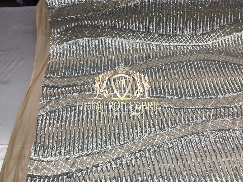 4 Way Stretch - Silver  - Horizontal Line Design Sequins On Stretch Mesh By The Yard