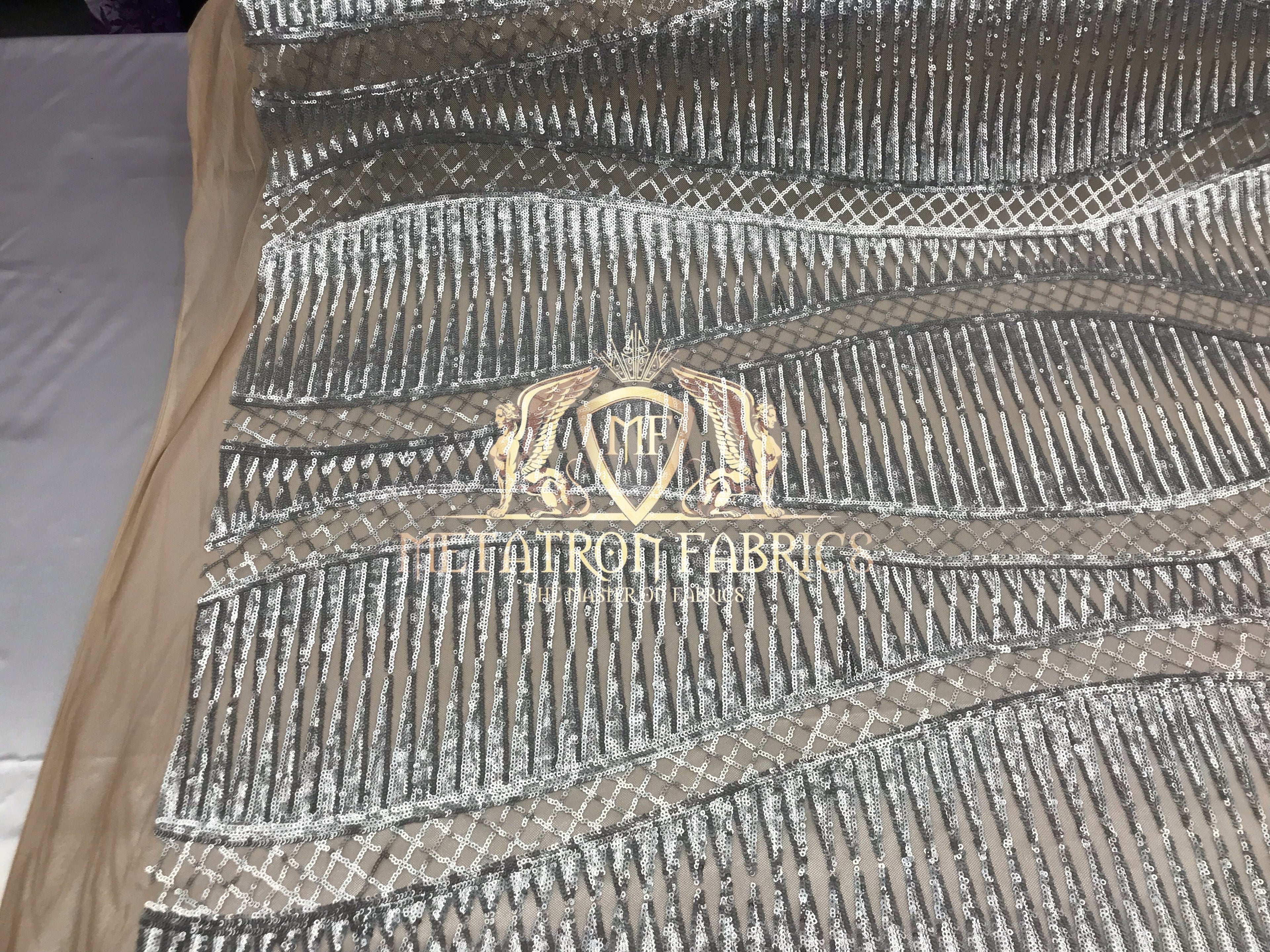 4 Way Stretch - Silver  - Horizontal Line Design Sequins On Stretch Mesh By The Yard