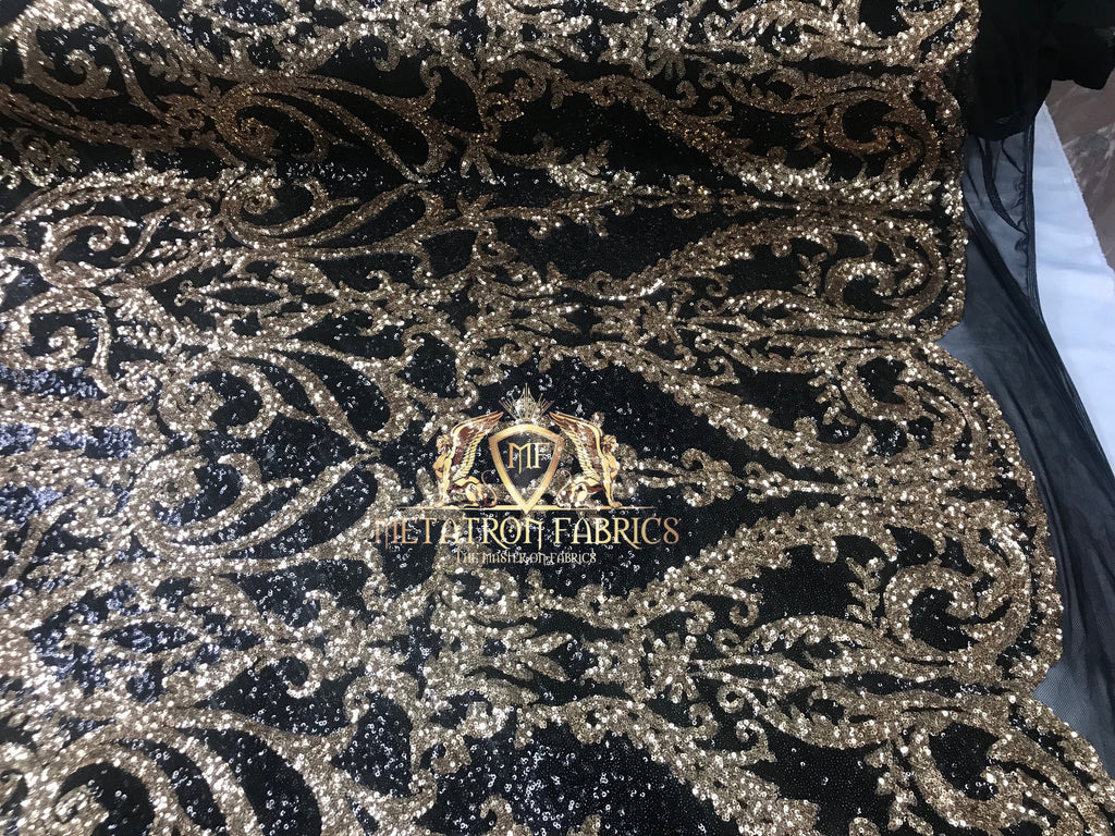 Two Tone Sequins - Black / Gold - 4 Way Stretch Fancy Design Mesh Fabric Sold By The Yard