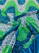 Wavy Line Velvet Sequins - Turquoise/White/Lime  - 2 Way Stretch Fabric 58/60” By Yard