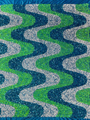 Wavy Line Velvet Sequins - Turquoise/White/Lime  - 2 Way Stretch Fabric 58/60” By Yard
