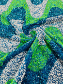Wavy Line Velvet Sequins - Turquoise/White/Lime  - 2 Way Stretch Fabric 58/60” By Yard
