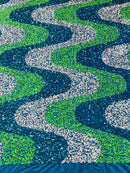 Wavy Line Velvet Sequins - Turquoise/White/Lime  - 2 Way Stretch Fabric 58/60” By Yard