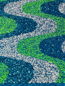 Wavy Line Velvet Sequins - Turquoise/White/Lime  - 2 Way Stretch Fabric 58/60” By Yard