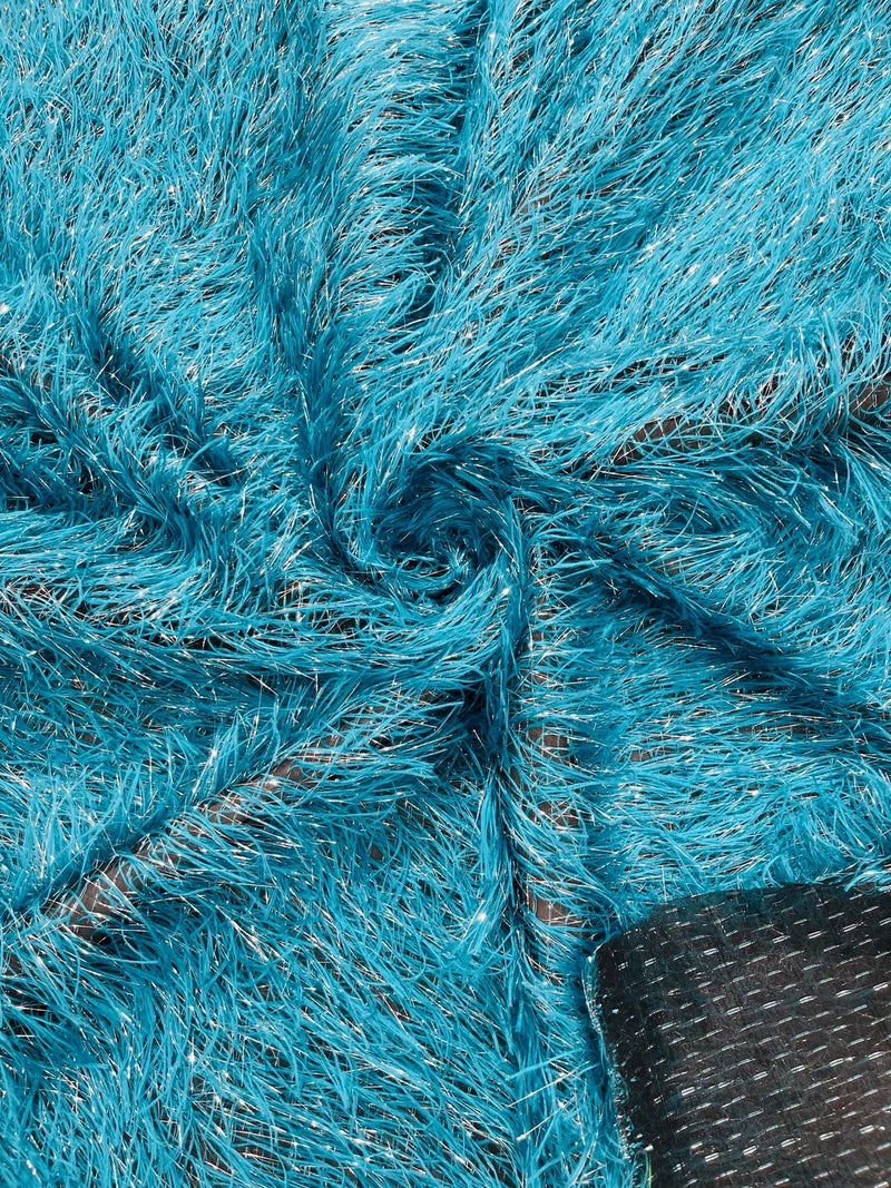 Metallic Eyelash Fabric - Turquoise / Silver - Feather/Eyelash/Fringe Design on Mesh By Yard