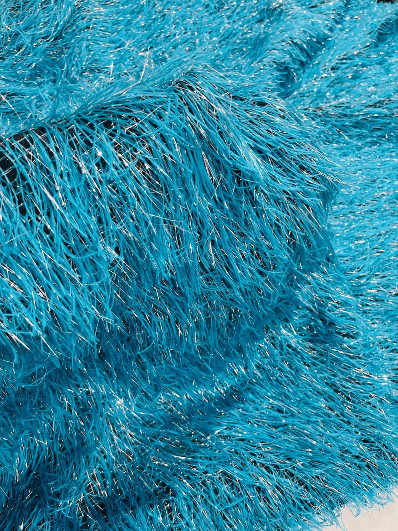 Metallic Eyelash Fabric - Turquoise / Silver - Feather/Eyelash/Fringe Design on Mesh By Yard