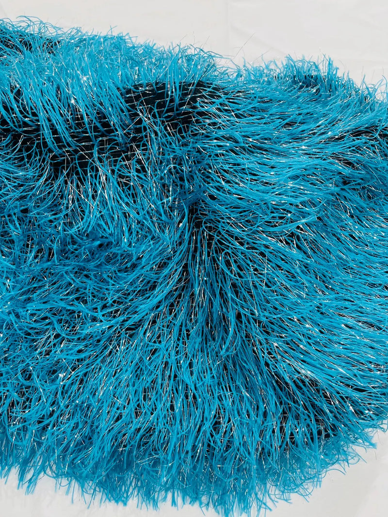 Metallic Eyelash Fabric - Turquoise / Silver - Feather/Eyelash/Fringe Design on Mesh By Yard