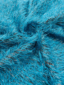 Metallic Eyelash Fabric - Turquoise / Silver - Feather/Eyelash/Fringe Design on Mesh By Yard