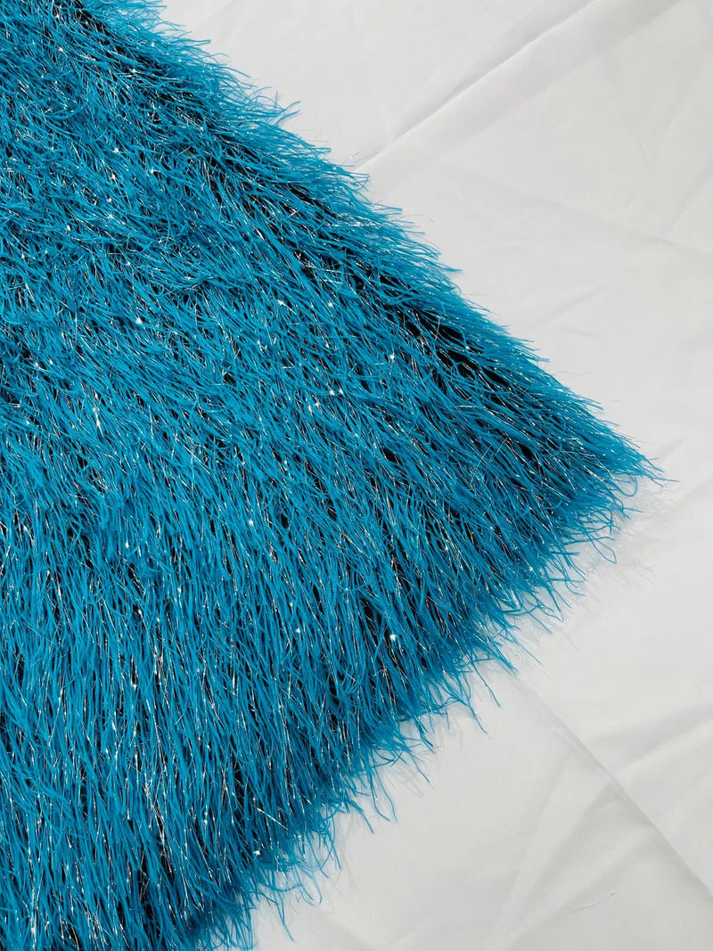 Metallic Eyelash Fabric - Turquoise / Silver - Feather/Eyelash/Fringe Design on Mesh By Yard