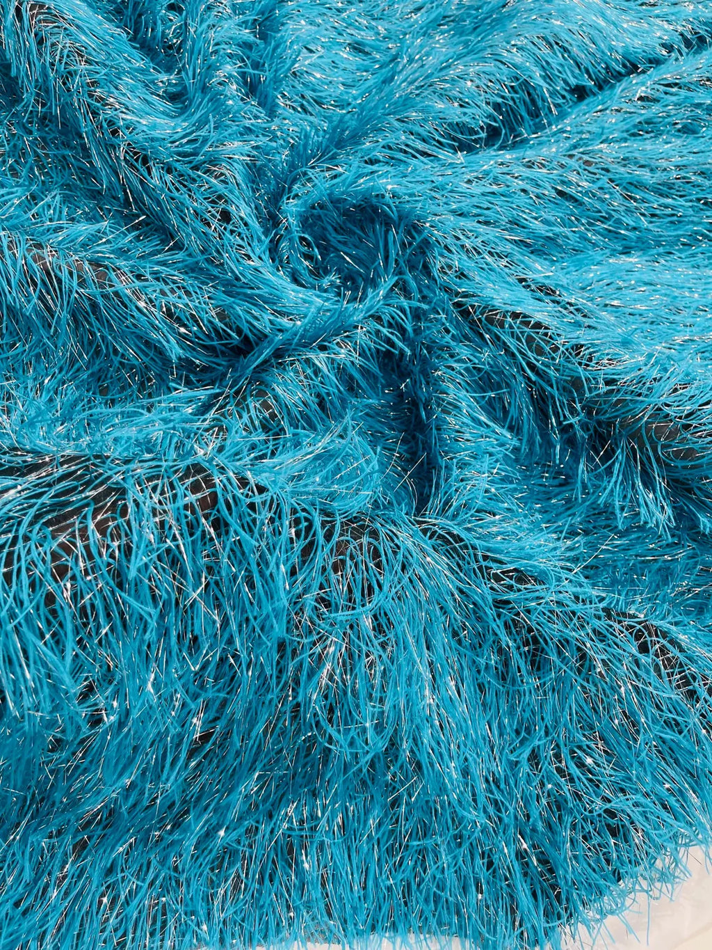 Metallic Eyelash Fabric - Turquoise / Silver - Feather/Eyelash/Fringe Design on Mesh By Yard