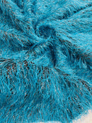 Metallic Eyelash Fabric - Turquoise / Silver - Feather/Eyelash/Fringe Design on Mesh By Yard