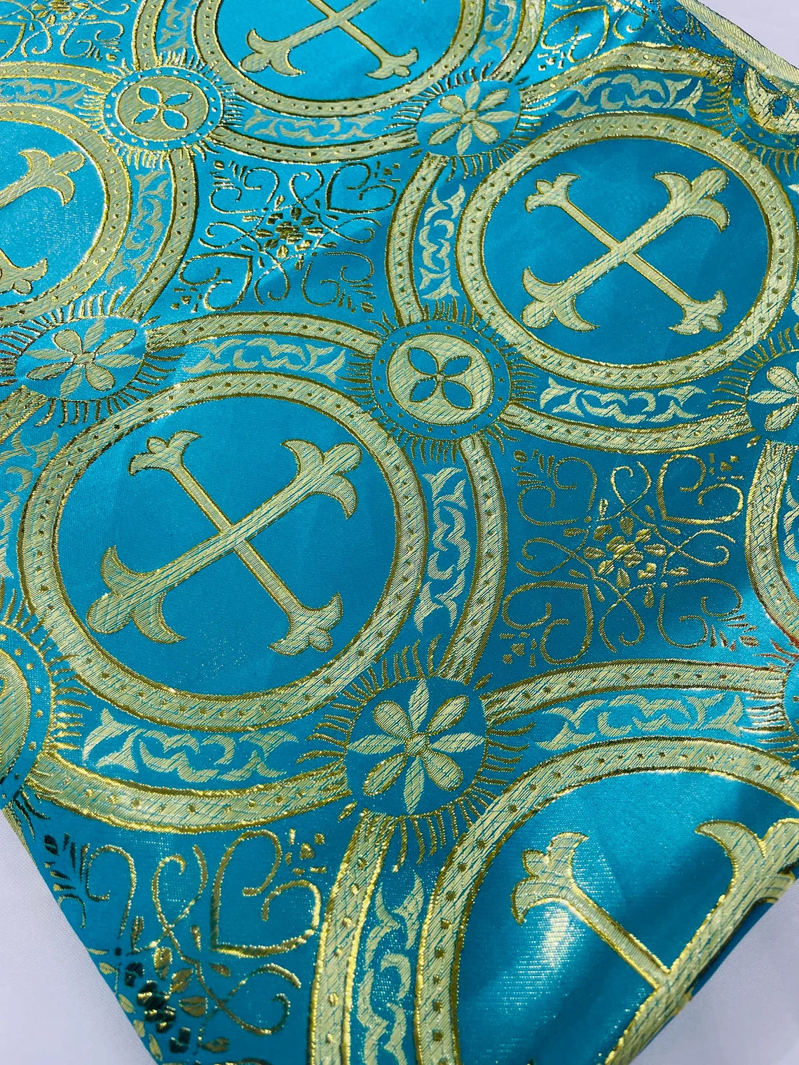 Brocade Cross Fabric - Turquoise - Church Vestment Religious Jacquard Fabric By Yard