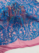 Heart Damask Sequins - Turquoise - 4 Way Stretch Sequins Fabric By Yard